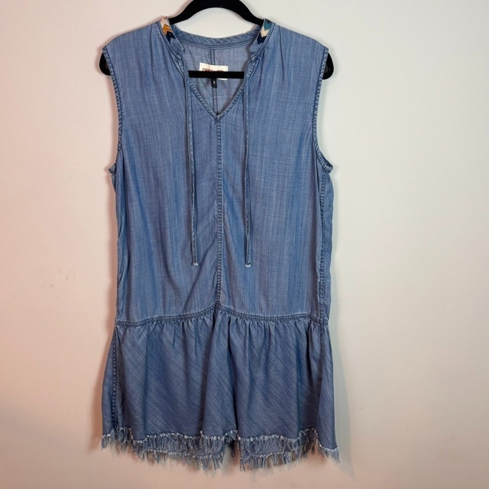 Driftwood Womens Blue Chambray Tiered Sleeveless Tencel Embroidered Dress MED